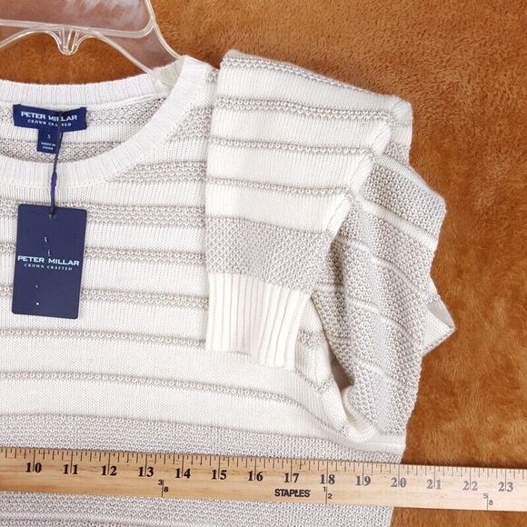 PETER MILLAR Mens Sweater Small Cream Pullover MIDI STRIPED CREW Linen Wool $350 - Picture 8 of 10